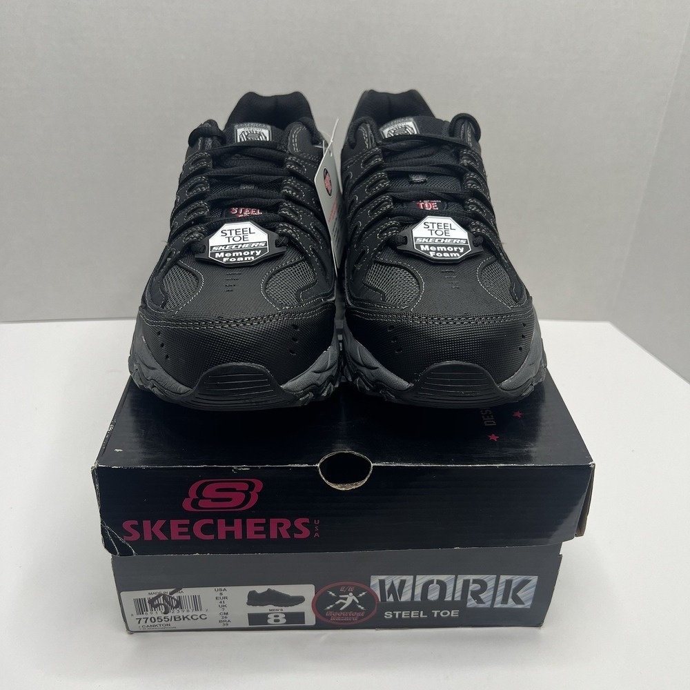 Skechers Work Cankton Mens 8 Steel Toe Memory Foam Black Charcoal 77055/BKCC